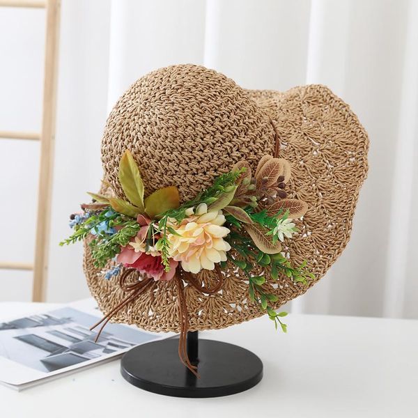 

wide brim hats 2021 womens straw with fake flowers fashion uv protection sun visor beach visors foldable female summer hat, Blue;gray