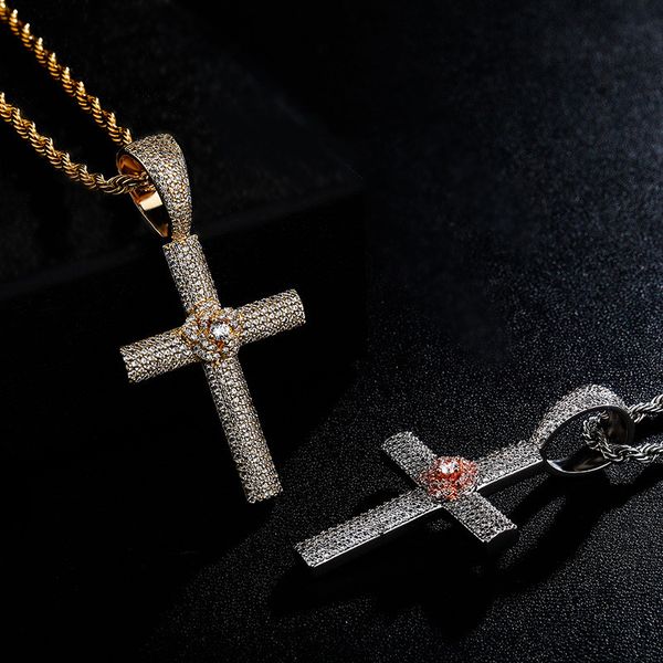 

wholesale roses cross pendant necklace iced cubic zirconia diamond gold chain copper fashion hip hop jewelry, Silver