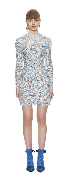 

casual dresses runway design women gauze patchwork perspective lace hollow out floral long sleeve bodycon tunic short dress zipper vestidos, Black;gray