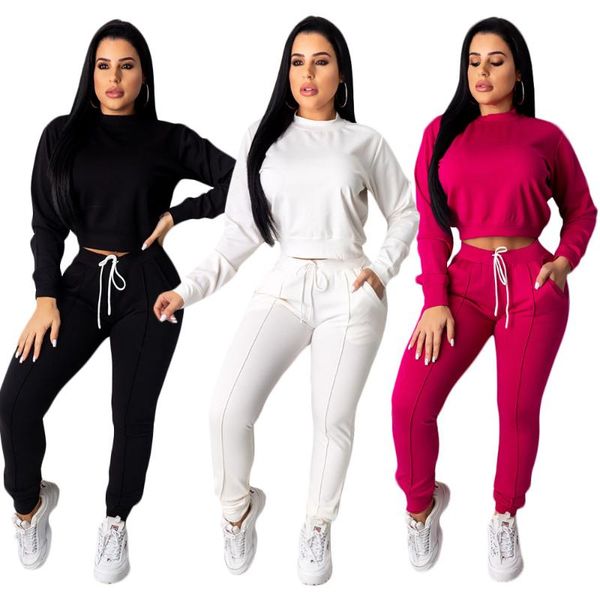 

two piece dress european and american women's casual sports solid long sleeve pullover drawstring pants suit women fashion 2-piece set, White