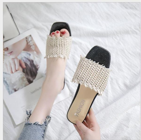 

slippers summer sandals straw weaving craft casual flip-flops fashion joker flats small elegant, Black