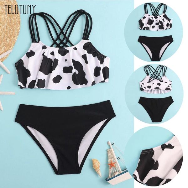 

one-pieces girls swimwear cow print cute ruffles sleeveless girls' summer crisscross back floral two-piece swimsuit, Black