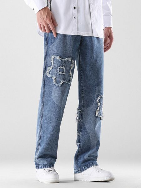 

men raw trim floral pattern straight leg jeans q5ck#, Blue