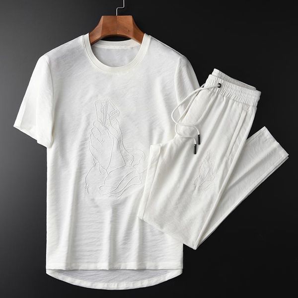 

men's tracksuits thin mens summer (t-shirt+pants) luxury embroidery short sleeve men plus size 4xl white man sets with pants, Gray