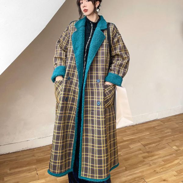 

women's wool & blends kywommnz double-sided lamb coat, women long sleeve woolen streetwear thicken overcoat, autumn winter 2021, e4010, Black