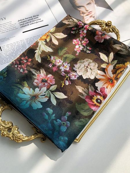 

scarves 100% mulberry silk large square scarf women female spring korean floral hijab soft shawl wrap 110cm satin, Blue;gray