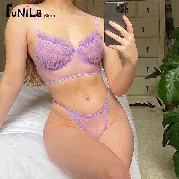 

nxy set transparent lingerie set women ruffles purple mesh underwear nightwear sensual bra and panty sheer clothing costume 1128, Red;black