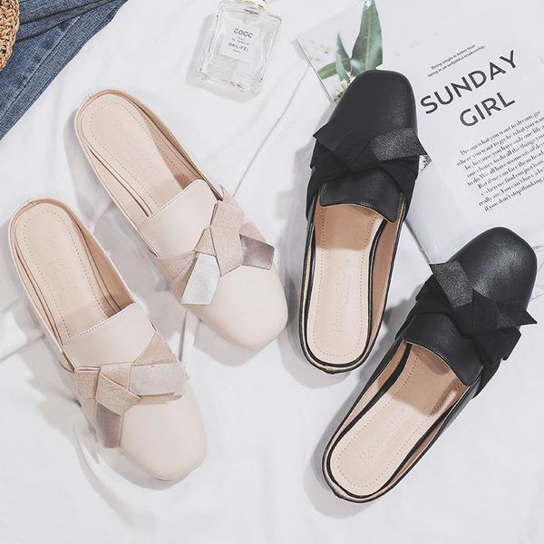 

slippers elegant bow-knot ladies mules summer flat solid women chic office shoes woman shoe, Black