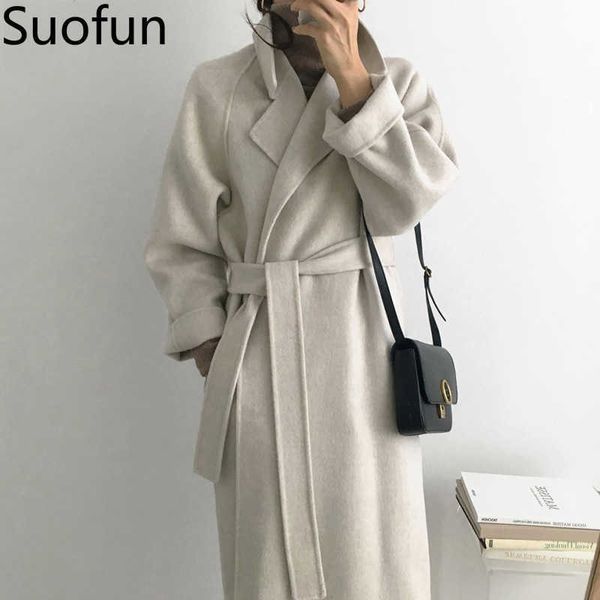 

long sleeve casual vintage belt 2021 new fashion long autumn faux wool blend woolen coat winter warm women warm wool coat s0903, White