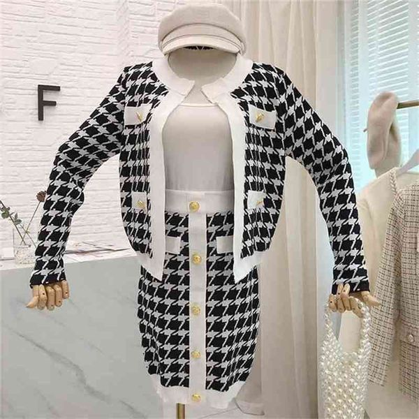 Herbst Winter Gold Button Houndstooth Fashion Runway Gestrickte 2 Stück Set Frauen Jacke Mantel + Kurzen Bleistift Rock Anzüge 210730