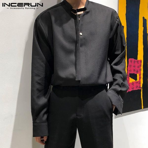 

men's casual shirts 2021 men shirt with tie solid color korean lapel long sleeve loose streetwear camisa fashion clothing s-5xl incerun, White;black