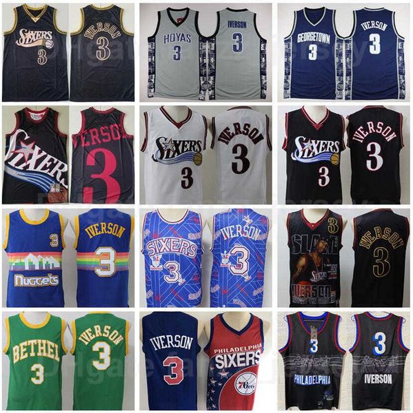 

men retro basketball 3 allen iverson jersey college georgetown hoyas vintage high school all stitched blue white green yellow black red good