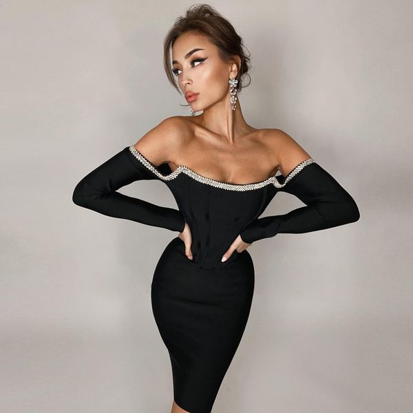 

winter women long sleeve bodycon bandage dress black off shoulder mini club celebrity evening party dresses 210423, Black;gray