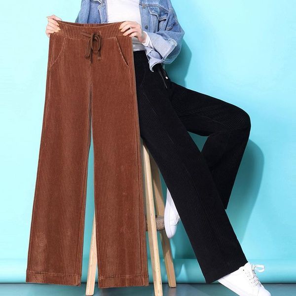 

brown corduroy drawstring pleated women capris regular sweatpants with pockets high waist wide leg pant casual loose trousers plus size, Black;white