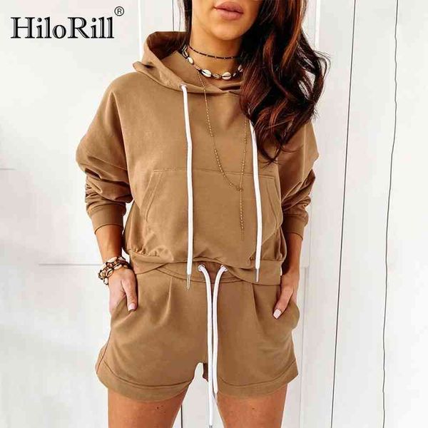

home loose casual 2 piece set women batwing sleeve hooded hoodies tracksuit outfit drawstring high waist shorts suit 210508, White