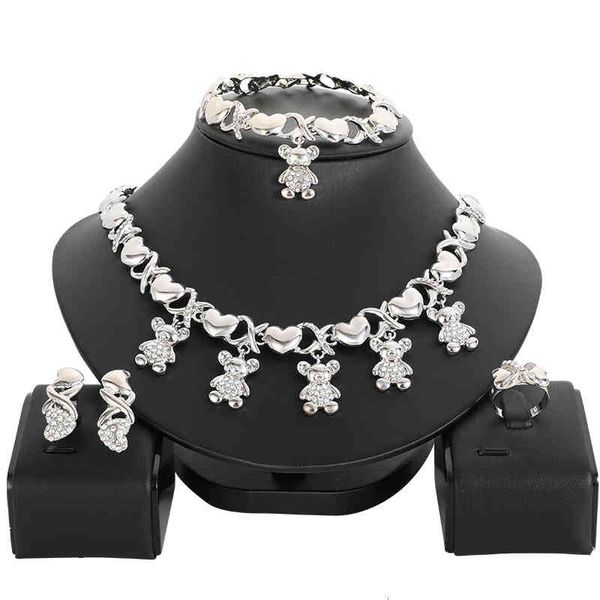 

jewelry sets african dubai silver color nigerian bear heart shape crystal necklace set for women italian accessories, Black
