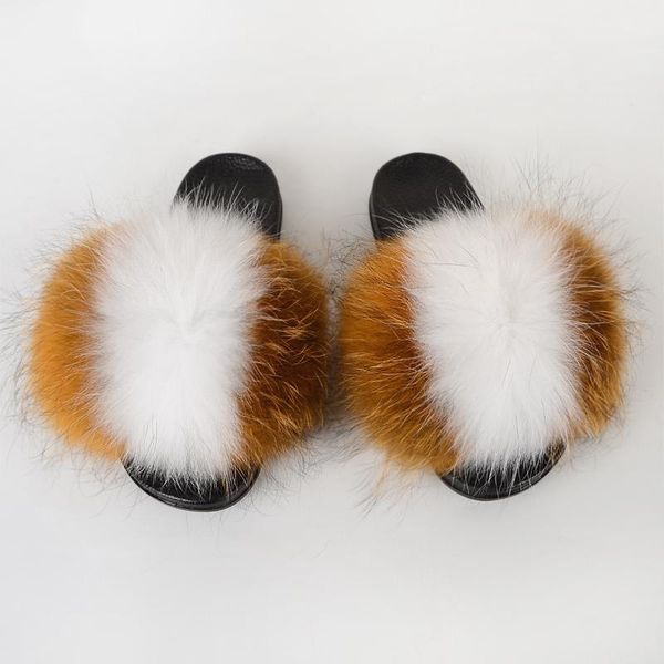 

fashion big raccoon fur slides women summer non-slip flat sandals lady fluffy slippers casual home slipper shoes, Black