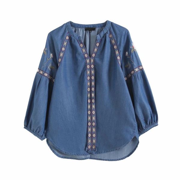 

women's blouses & shirts embroidery denim shirt blouse women long sleeve v neck spring jeans streetwear casual botton, White