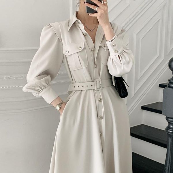 

women's trench coats spring autumn women fashion female puff sleeve vintage solid midi shirt dress casual single breasted waistband coa, Tan;black