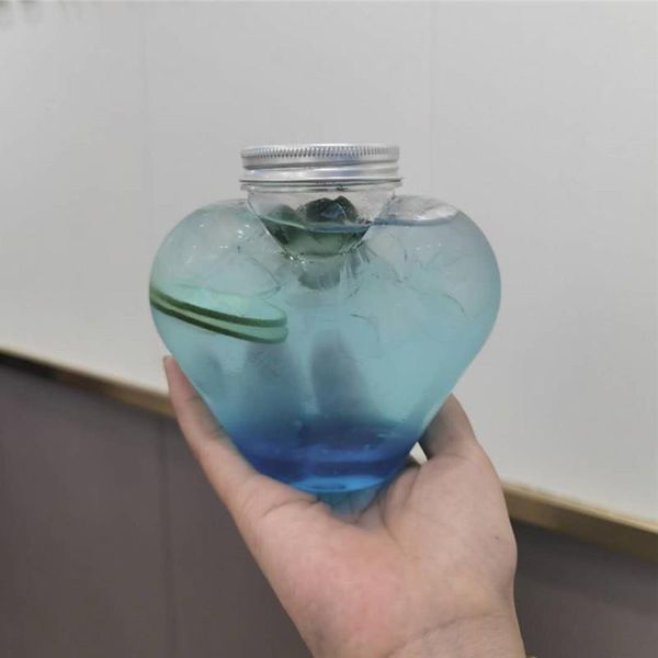 

20pcs net red valentine's day favors couple cup ice coffee bottle yogurt love shape transparent plastic cups with foil lids disposable