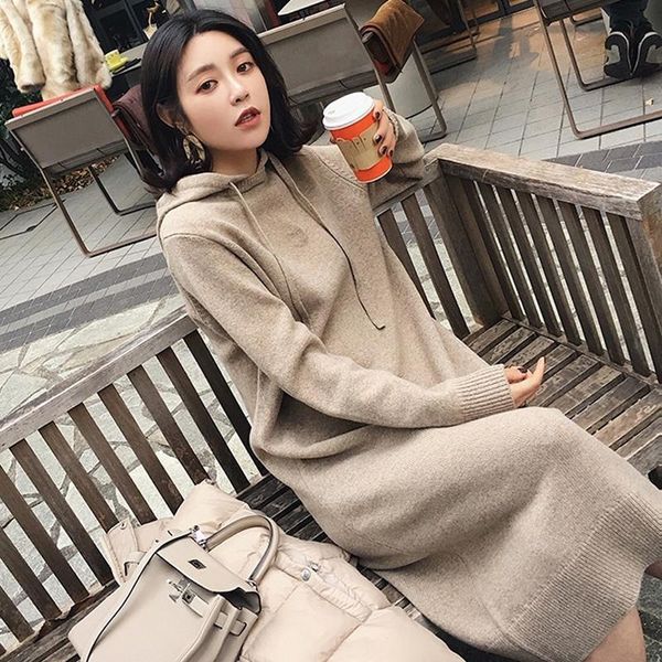 

women's sweaters autumn and winter 2021 knitted dress mid-length long-sleeved hooded sweater loose long skirt, White;black