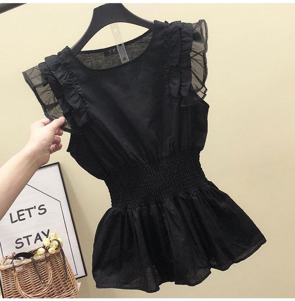 

women's blouses & shirts korean women cotton linen blouse summer tunic loose sleeveless pleated shirt black ruffle blusas mujer clothe, White