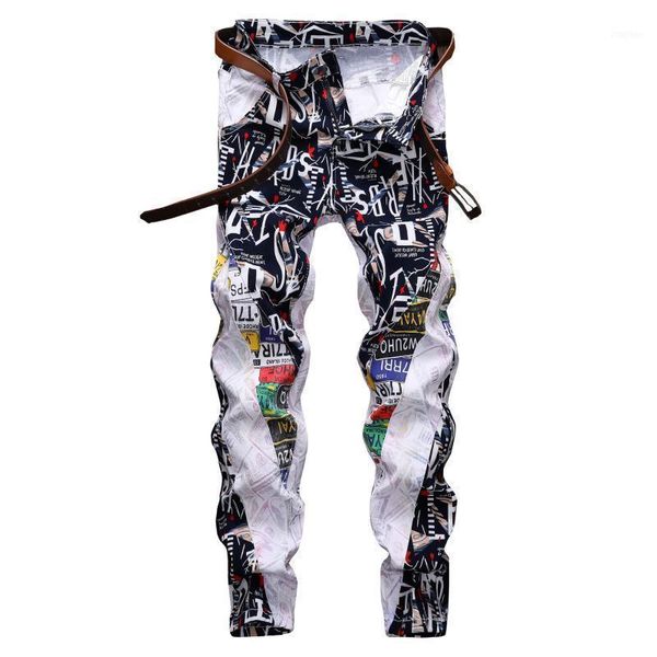 

men white elasticforce mid-rise printing straight jeans slim trousers loose fit menswear man fashion (don't take the belt)1, Blue