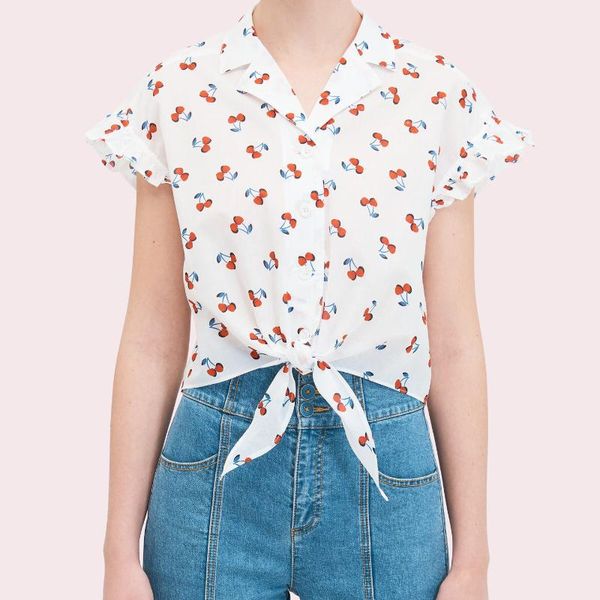 

cherry print women cotton short blouse v-neck sweet lady waist bow tie single-breasted shirt and 2021 women's blouses & shirts, White