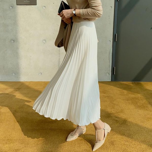 

skirts aecu summer women elegant skirt long pleated women's high waist solid color half length lady vintage midi, Black