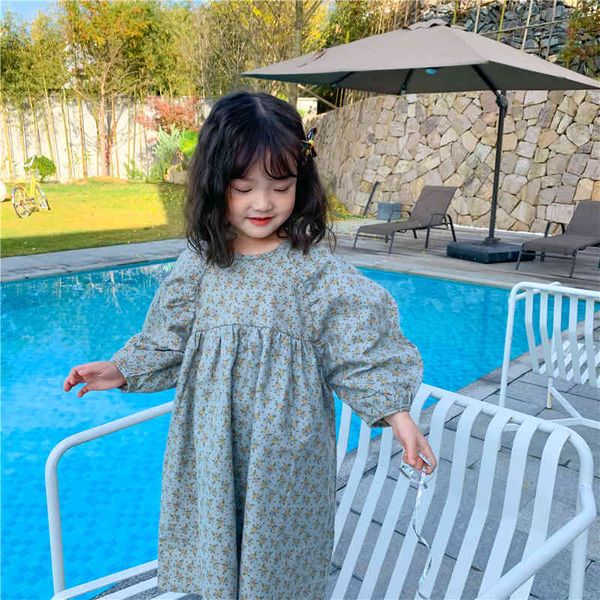 

korean style cute girls puff sleeve loose dress kids cotton high waist floral princess dresses 210508, Red;yellow