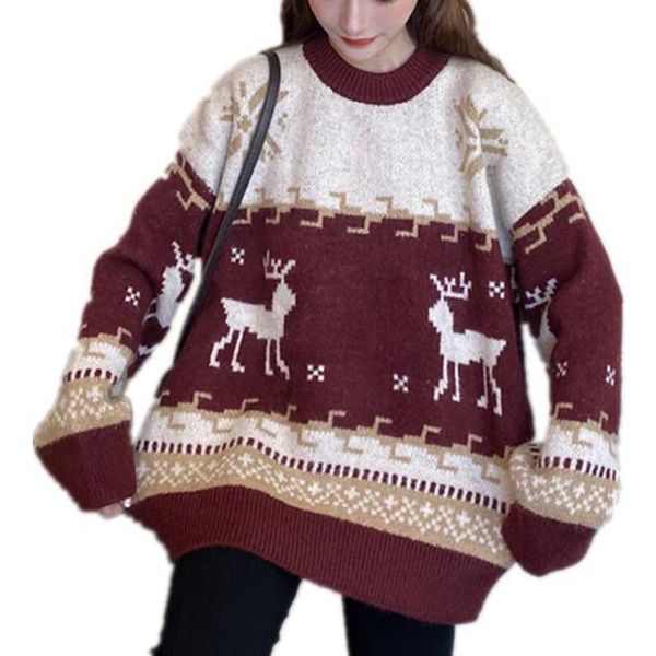 

women's sweaters deer knit stripe christmas pullover o-neck loose sweater long sleeve winter autumn casual women clothes, White;black
