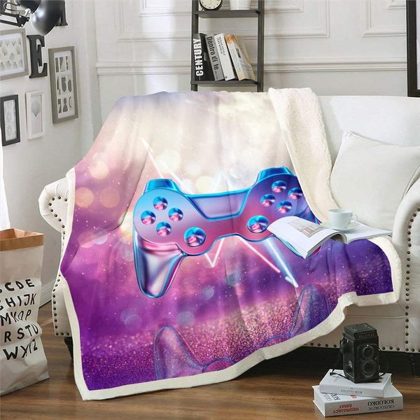

gamer flannel blanket, boys youth modern colourful gamepad video game controller novelty gradient action button giltter throw