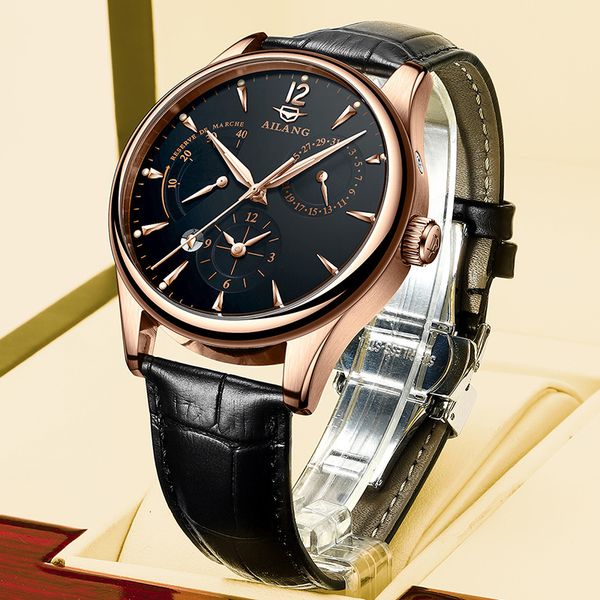 

watch ailang brand genuine men's automatic mechanical hollow luminous waterproof leather strap fashion wat, Slivery;brown