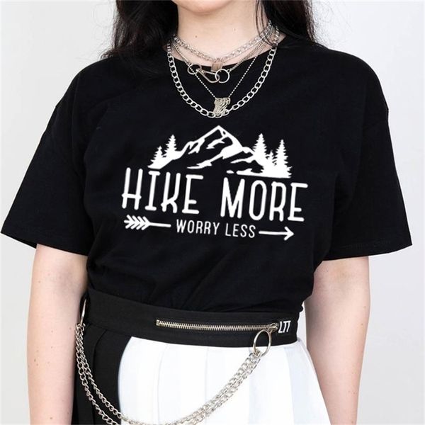 

hike more worry less t-shirt casual short sleeve graphic hiking outdoors tee funny women summer camping tshirt 210512, White