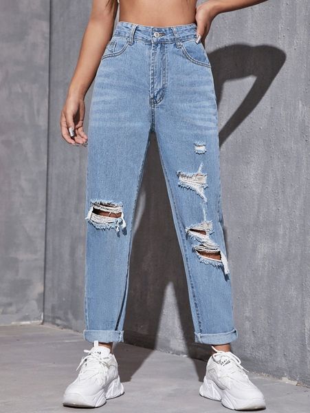 

high waist destroyed mom jeans u34x#, Blue