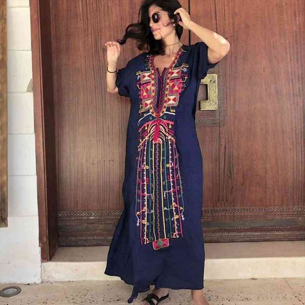 

bohemian navy blue retro embroidered short sleeve maxi dress for women plus size beachwear vintage long kaftan n1235, Black;gray