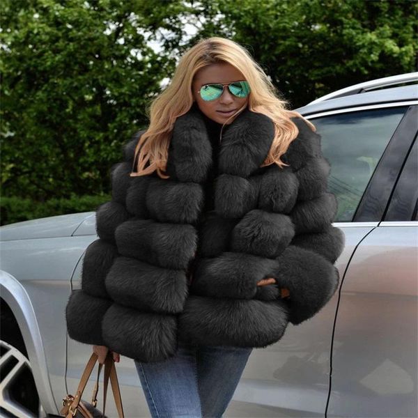 

women's fur & faux winter thick loose commuter solid color fashion coat, Black