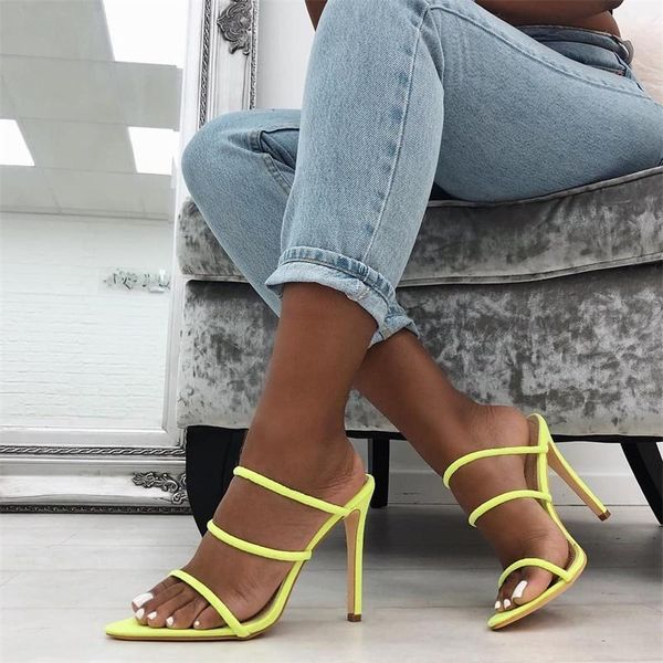 

pointed toe open slippers femme narrow band women's sandals summer slides pumps ladies shoes 2021 clear thin heels yellow, Black