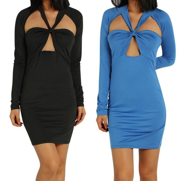 

casual dresses 2021 summer ladies close-fitting dress, solid color long sleeve hollow out deep v-neck siamese, blue/ black, Black;gray