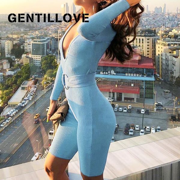 

gentillove women fashion long sleeves bodycon playsuit v neck belt jumpsuit lady streetwear casual slim one piece bodysuit women's jump, Black;white