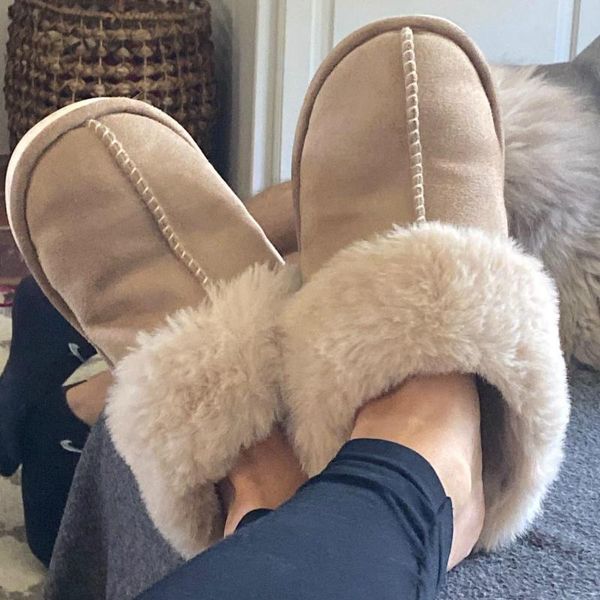 

home women faux suede indoor fur slippers sewing comfy designer luxury flats full furry slides lining casual shoes warm plush, Black
