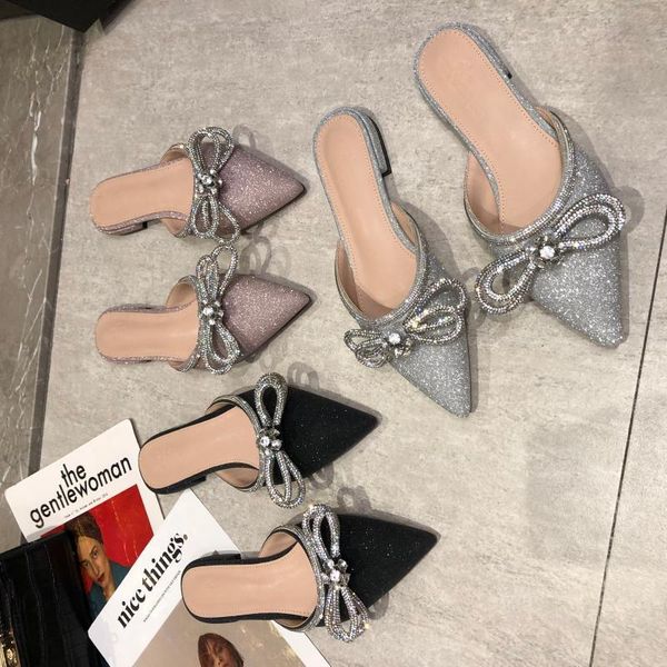 

slippers bling women pointed toe bow design rhinestone slides flats heeled crystal casual beach shoes sweet sandals mules, Black