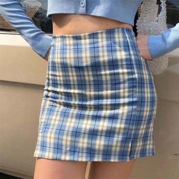 

skirts 2021 casual summer womens mini plaid pencil skirt high waist blue a line ladies short streetwear, Black