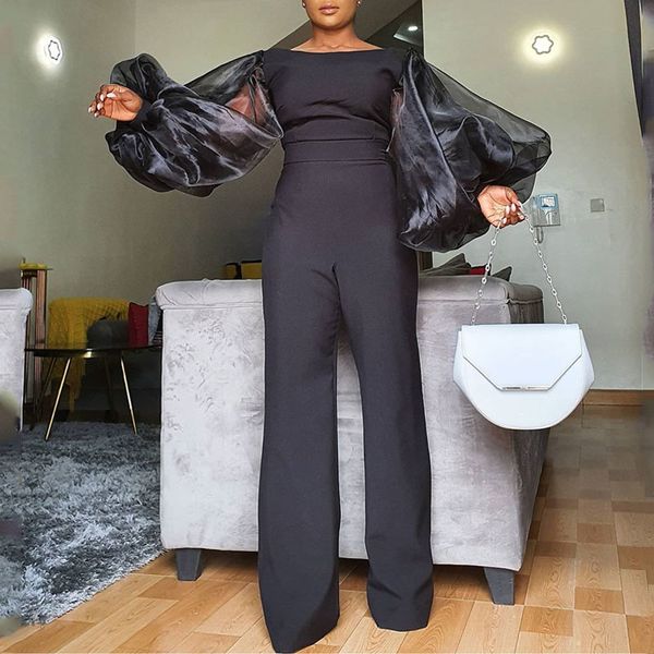 

women's pants & capris women jumpsuit big lantern sleeves patchwork slim fit wide leg black overalls elegant ladies office party d, Black;white