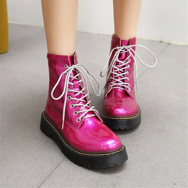 

candy color women ankle boots green pink low heels lace up riding knight military 2021 shoes plus size 35-42, Black