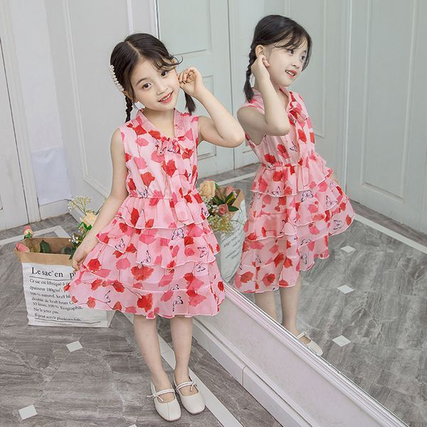 

summer dress girl floral pattern dress girls sleeveless children tiered dresses teenage girls summer clothing, Red;yellow