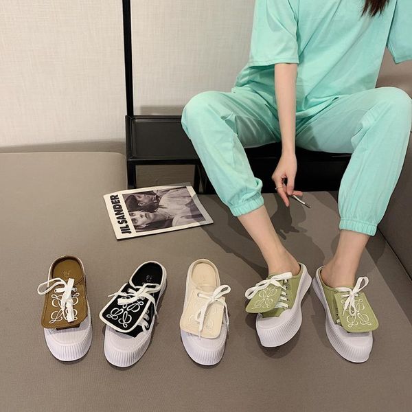 

slippers summer thick bottom lace up half trailer muffin canvas, Black