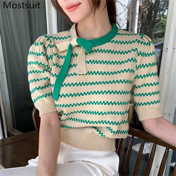 

summer striped bowtie knitted pullover knitwear women short sleeve o-neck tunics sweater korean vintage elegant jumpers 210514, White;black