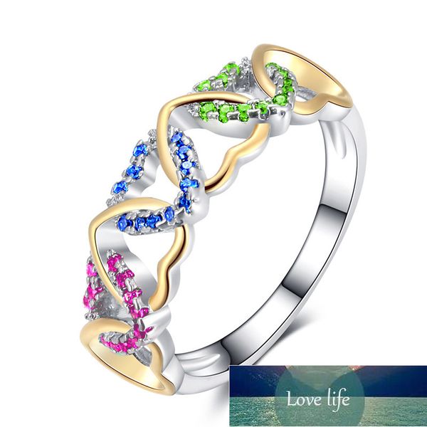 Huitan Band Ring with Love Heart Design Colorful CZ Pave Setting Silver Plated Best Christmas New Year Gift Rings for Women