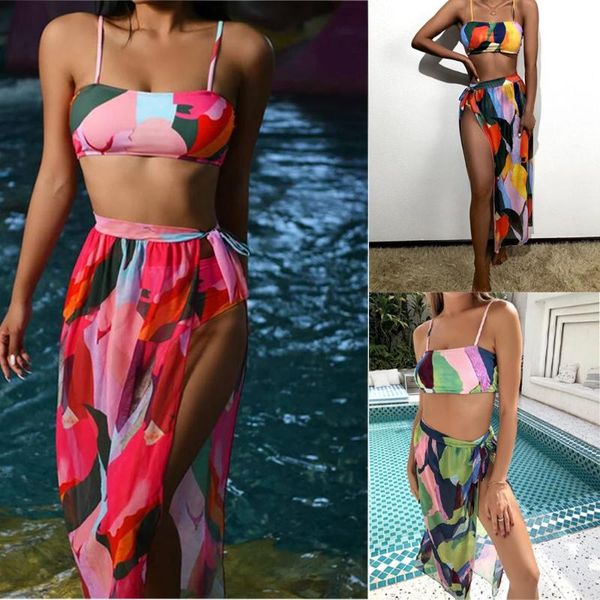

summer women' s swimwears 3pcs color blocking bikini suit low square neck tank with triangle bottoms and beach scarf women's swim, White;black